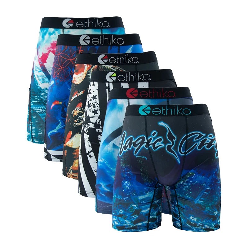ETHIKA 6Pcs Men Underwear Boxers Breathable Mesh Man Swimming Underpants Plus Size Printed Mens Panties Sexy Men's Boxershorts