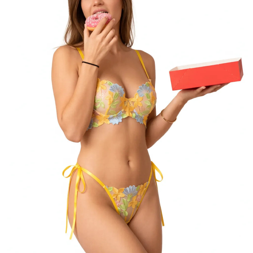 Yellow Floral Embroidered Bra & Thong Set