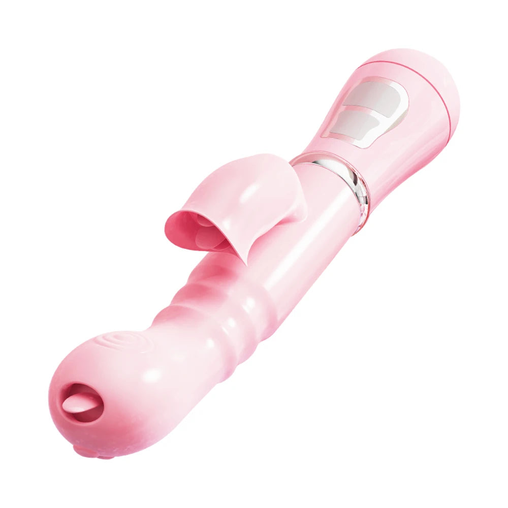 3 In 1 Dildo Rabbit Vibrator Clitoris G-Spot Rechargeable Anal Clit Vibrator Tongue Licking Double Rod Masturbation Stick
