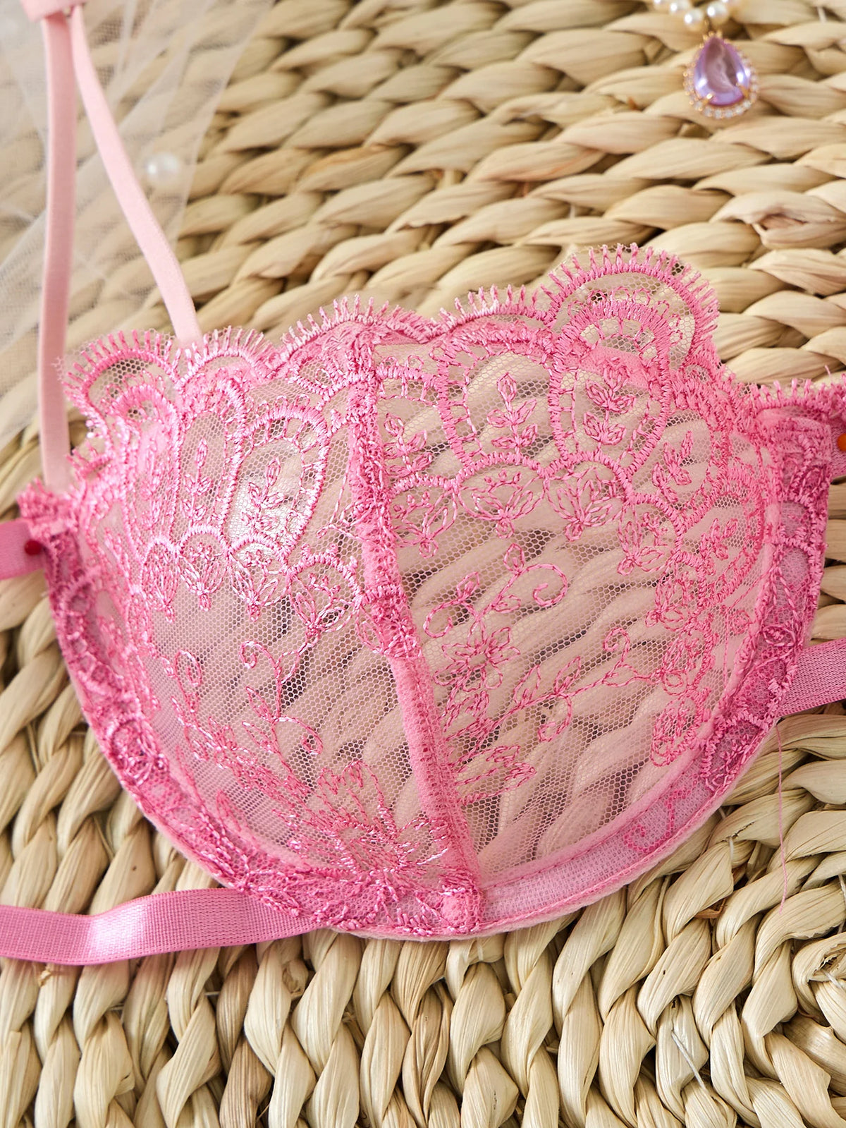 Pink Floral Embroidered Bra & Tie-Side Thong Set