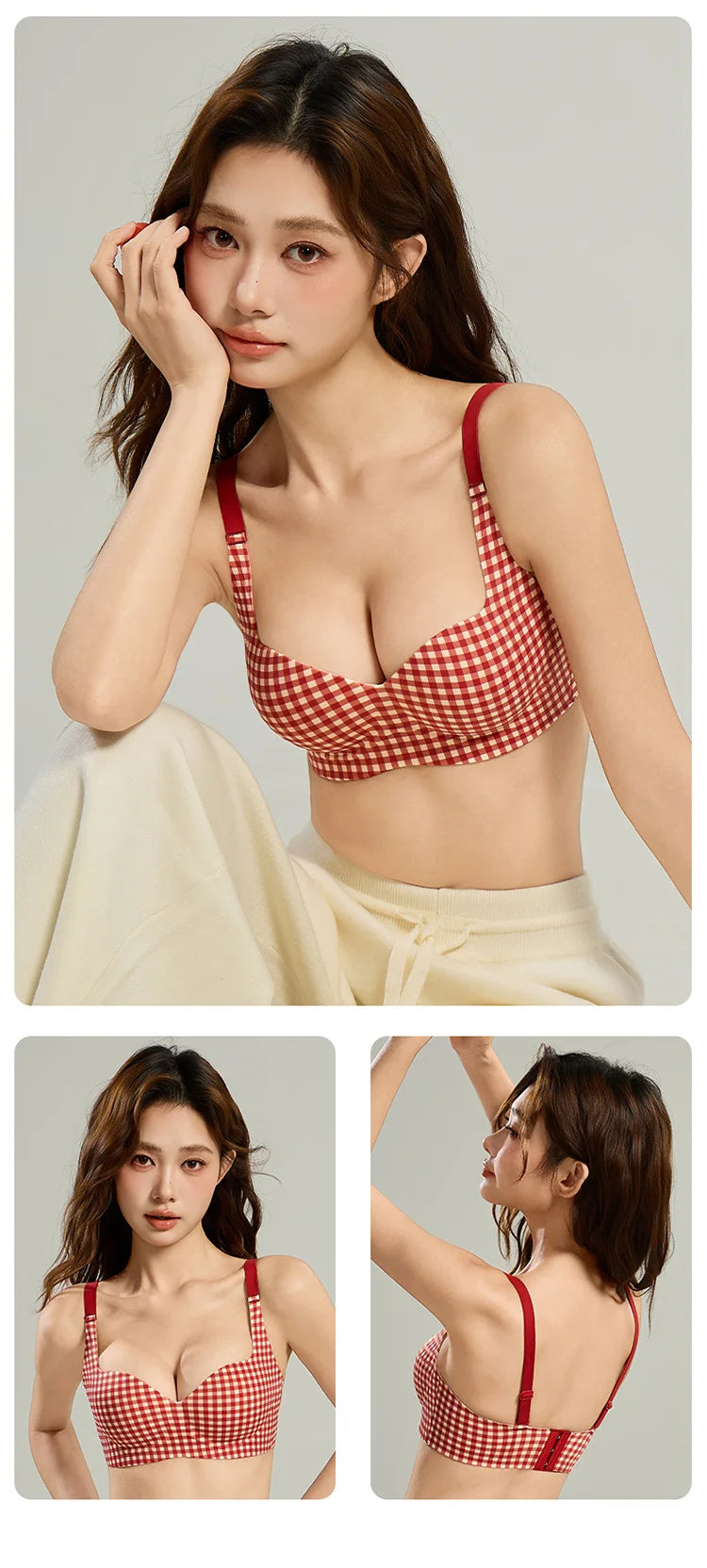 Seamless One-Piece Plaid Bra Set, Gathers Small Breasts, Makes Them Look Bigger, Lifts, Comfortable Wireless Underwear Set