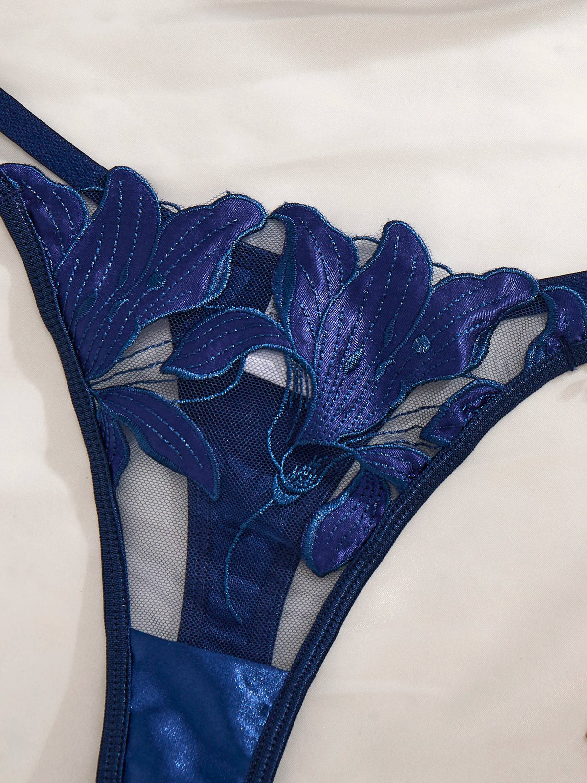 Blue Lily Floral Embroidered Bra & Thong Set