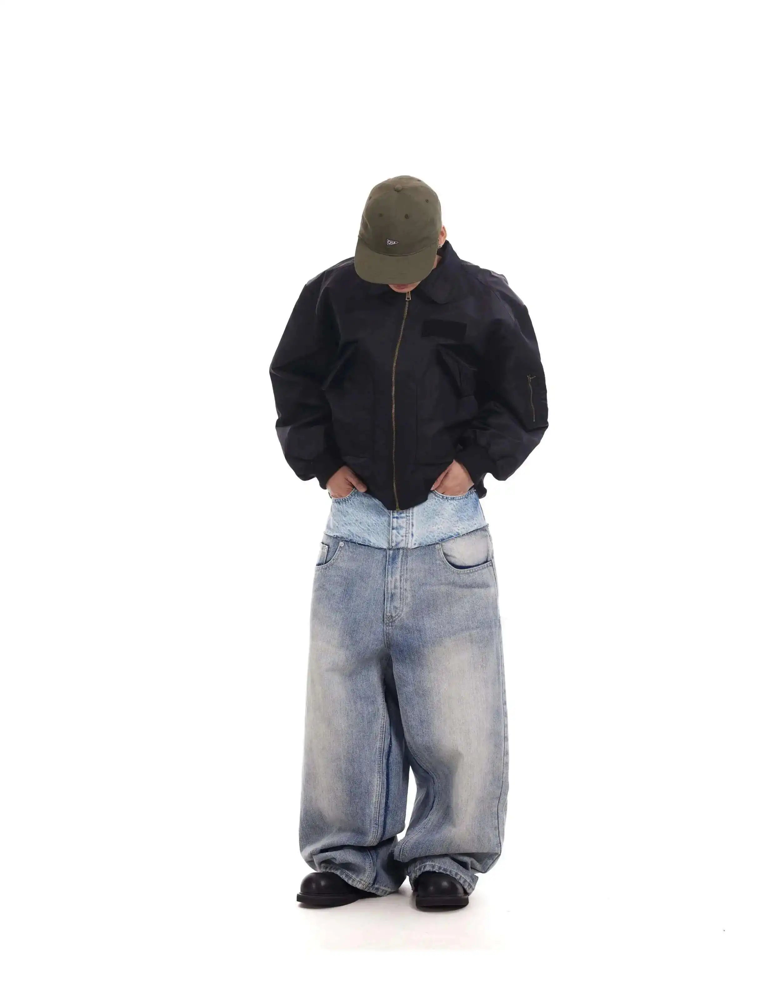 PFNW Niche Colorblock Patchwork Wide Leg Blue Jeans Men's Spring 2025 New Straight Double Waist Design Denim Trousers 28W6048