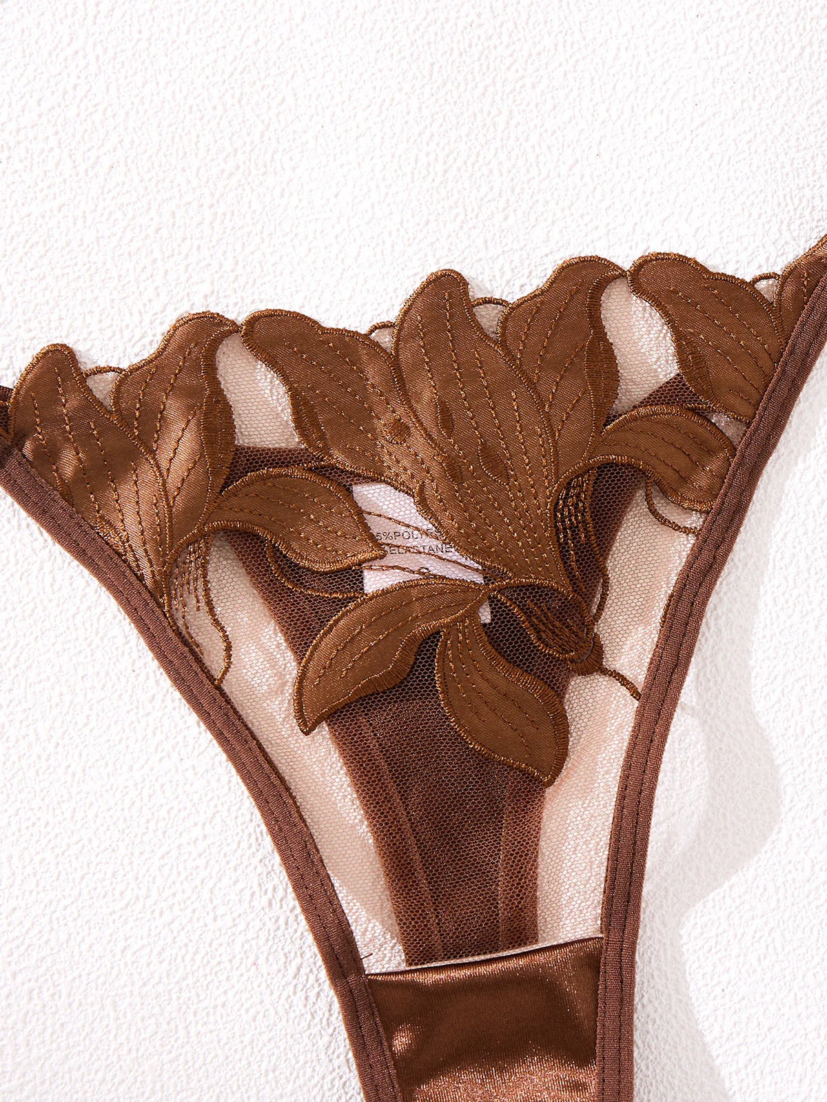 Coffee Floral Embroidered Bra & Thong Set