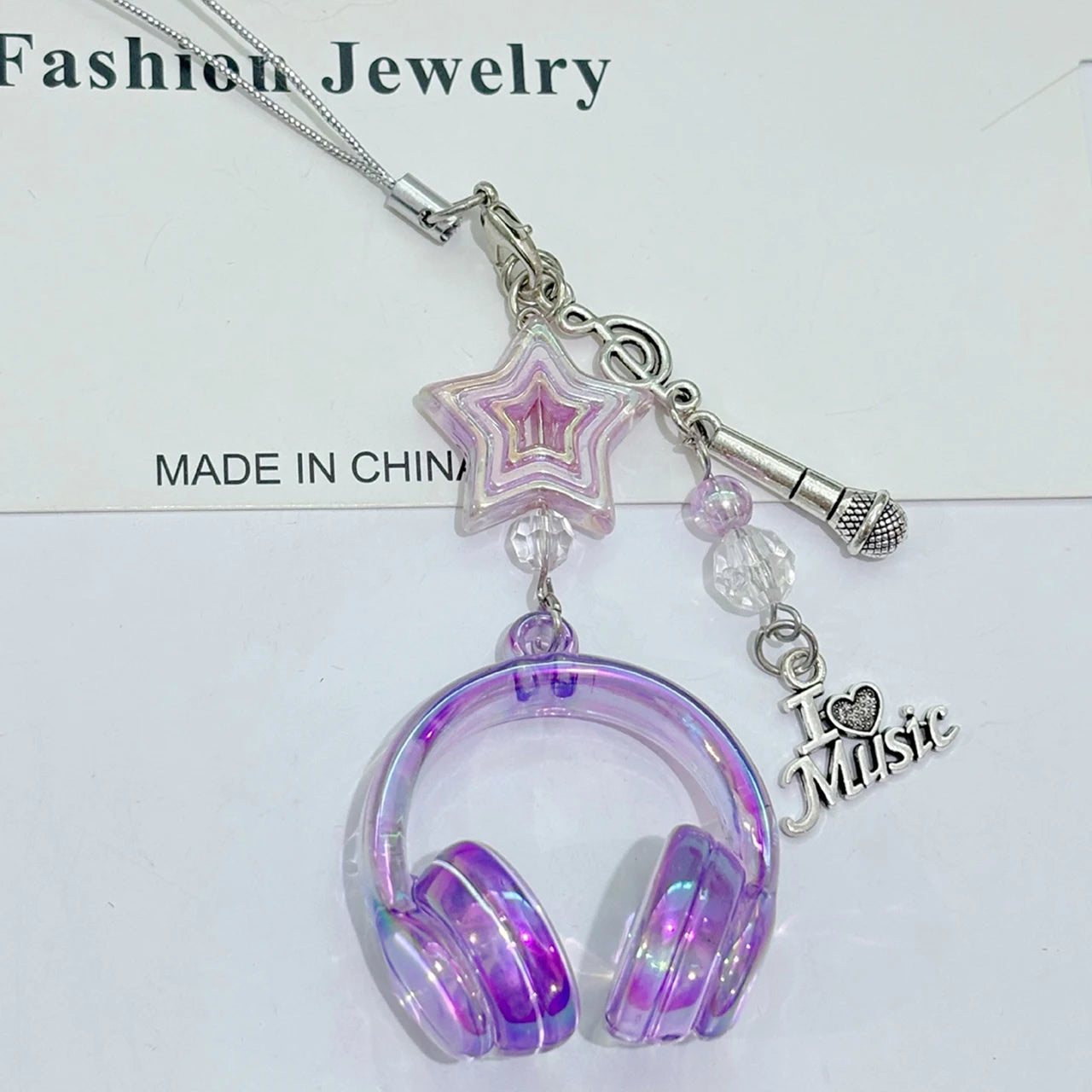 Y2K Pink Purple Gradient Color Music Earphone Beaded Keychain Creative Mini Headset Pendant Keyring Paired Lanyard Key Chain