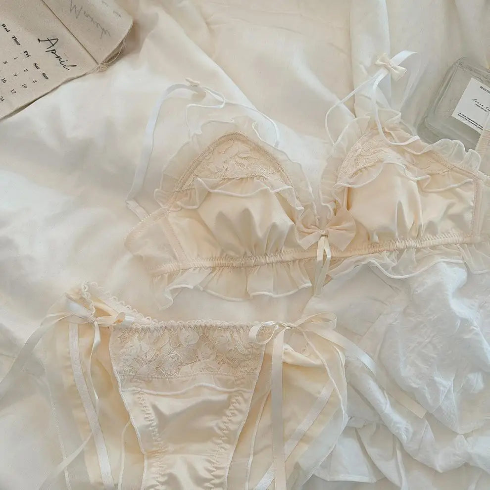 Women's Lace Bow Wireless Bra Set