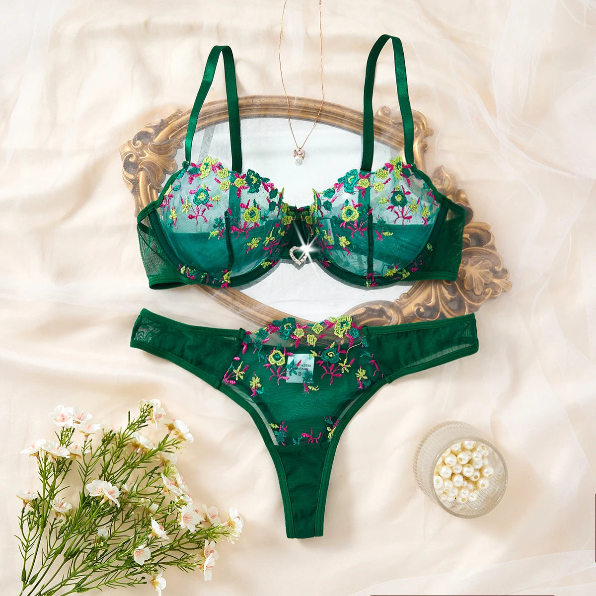 Green Floral Embroidered Bra & Thong Set