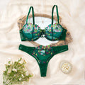 Green Floral Embroidered Bra & Thong Set