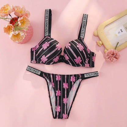 Victoria s Secret Rhinestone Logo Shoulder Straps Lace Underwear Sexy Lingerie Set Push Up Bra And Panties Set For Women