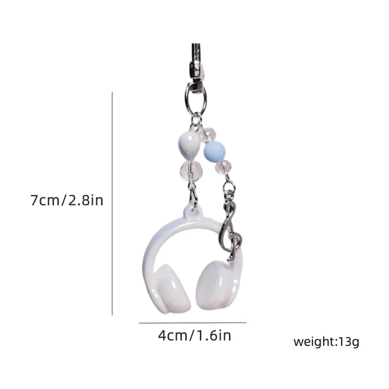 Y2K Pink Purple Gradient Color Music Earphone Beaded Keychain Creative Mini Headset Pendant Keyring Paired Lanyard Key Chain