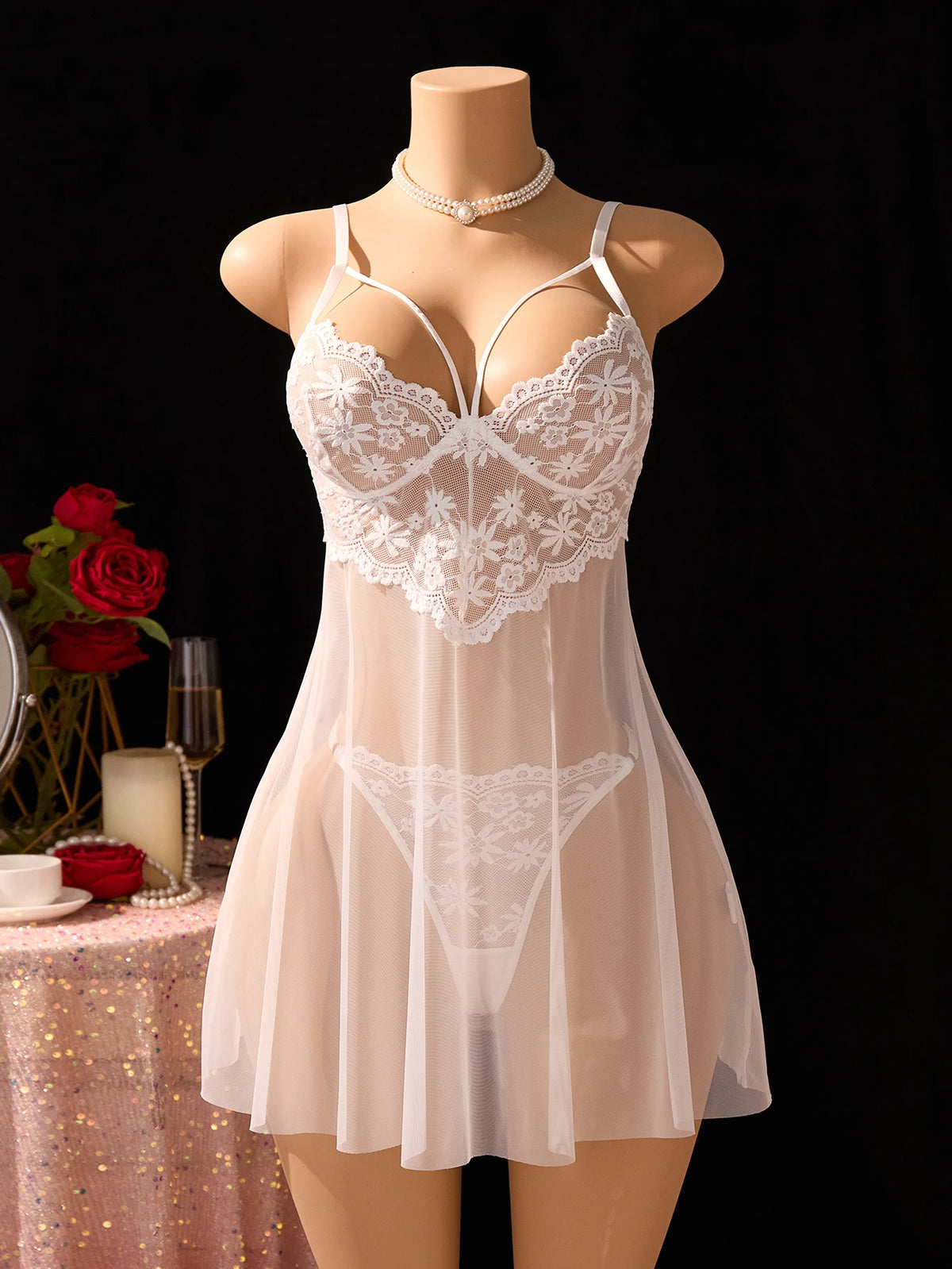 White Floral Lace Halter Nightgown
