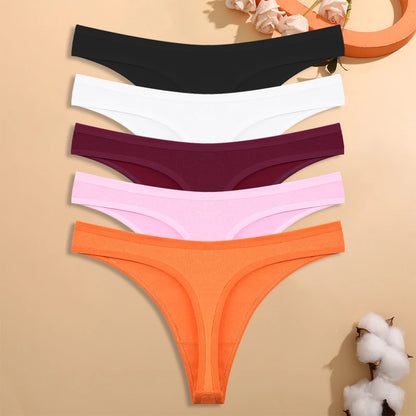 5PCS/Set Women Cotton Thongs Seamless Low Rise Underwear Sexy V-Waist Breathable T-Back Solid Color Girls Comfortable Lingerie