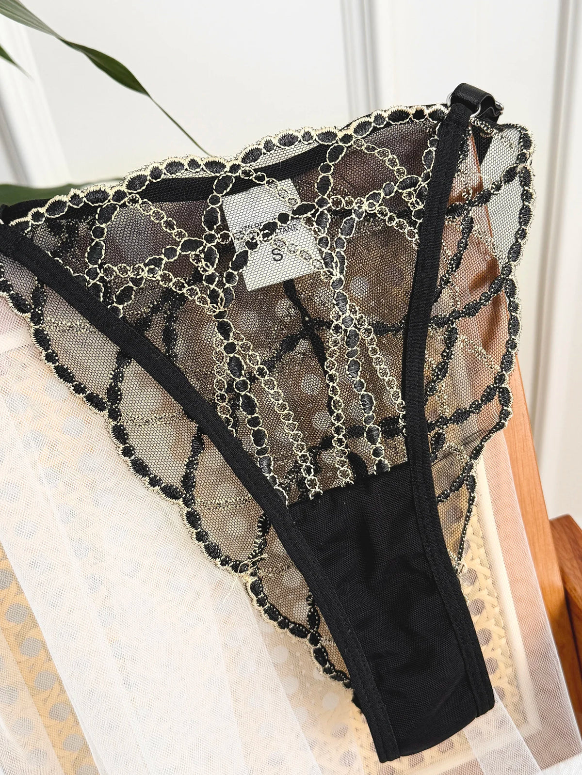Women's Black Lace Gold-Chain Bra & G-String Set