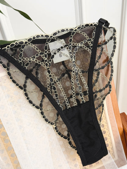 Women's Black Lace Gold-Chain Bra & G-String Set