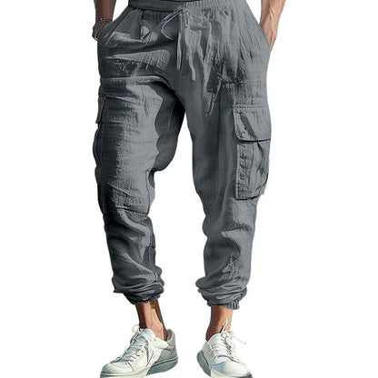 Amazon Cross-Border Cotton and Linen Tied Feet Multi-Pocket Tether Solid Color Loose Drawstring Trousers