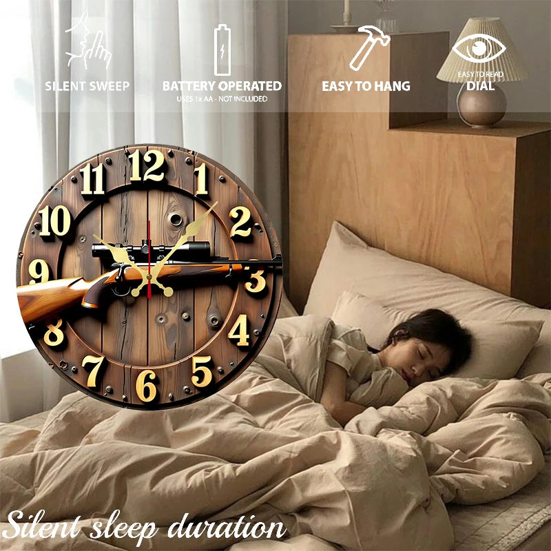 Winchester Rifle Wooden Round Silent Hanging Wall Clock, Suitable For Living Room, Office, Study Room, Bedroom, Home Decoration