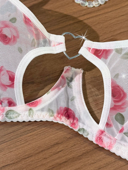 Women's Pink Rose Sheer Mesh Bra & Thong Set