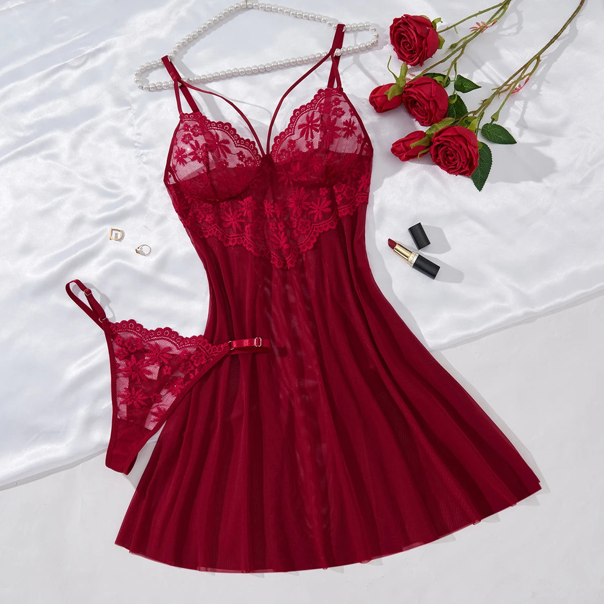 Red Floral Embroidered Nightgown
