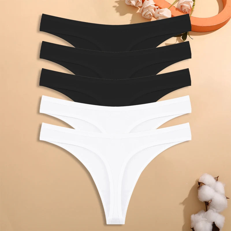 5PCS/Set Women Cotton Thongs Seamless Low Rise Underwear Sexy V-Waist Breathable T-Back Solid Color Girls Comfortable Lingerie