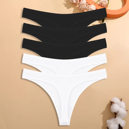 5PCS/Set Women Cotton Thongs Seamless Low Rise Underwear Sexy V-Waist Breathable T-Back Solid Color Girls Comfortable Lingerie