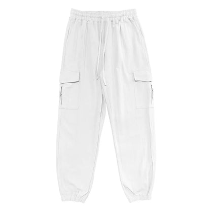 Amazon Cross-Border Cotton and Linen Tied Feet Multi-Pocket Tether Solid Color Loose Drawstring Trousers