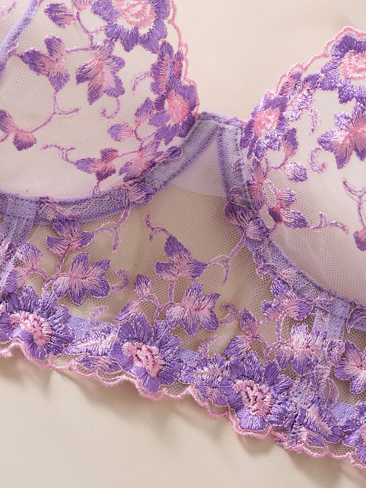Purple Lace Embroidered Long-Sleeve Bra & Thong Set