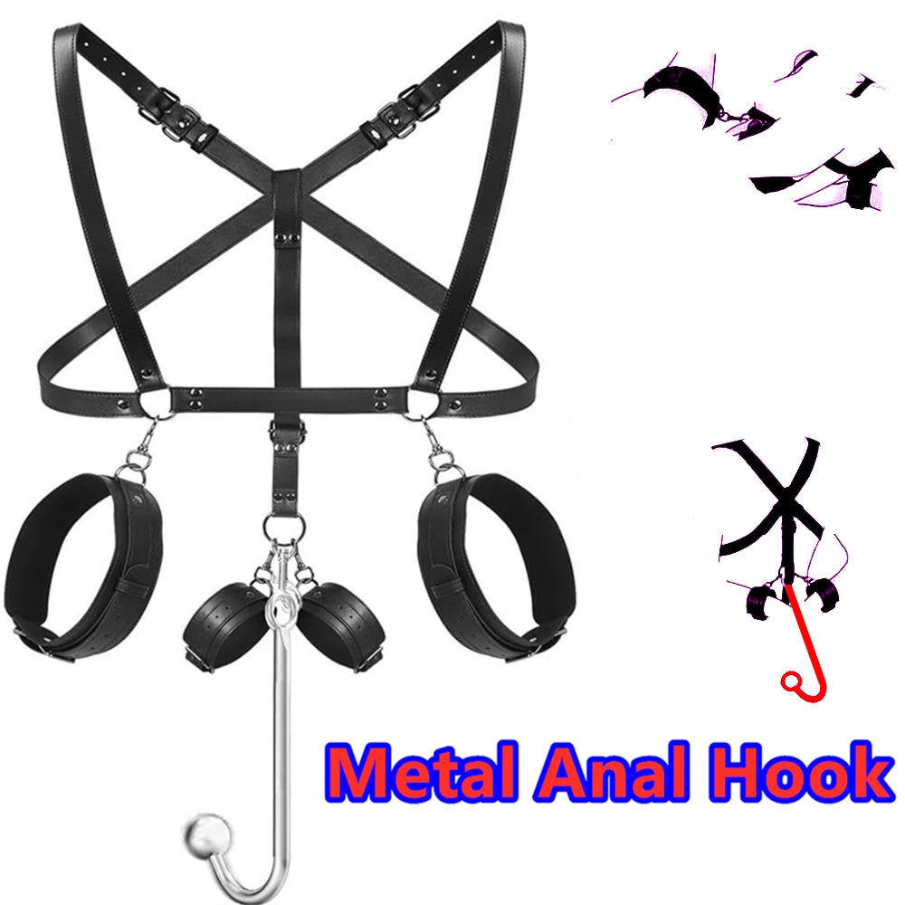Erotic Toys Kits Adjustable Bondage Reverse Handcuffs Metal Anal Hook Binding Belt Sets Sex Toy For Couples BDSM Adult Toys