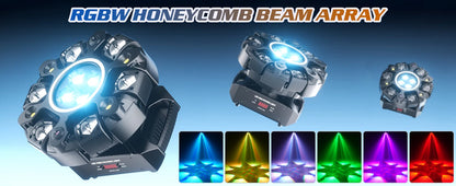 Fieryzeal 150W 6-Arm RGBW Beam Moving Head Light with Strip Effect Stage Light DMX512 Honeycomb Beam Strobe Effect for DJ Party