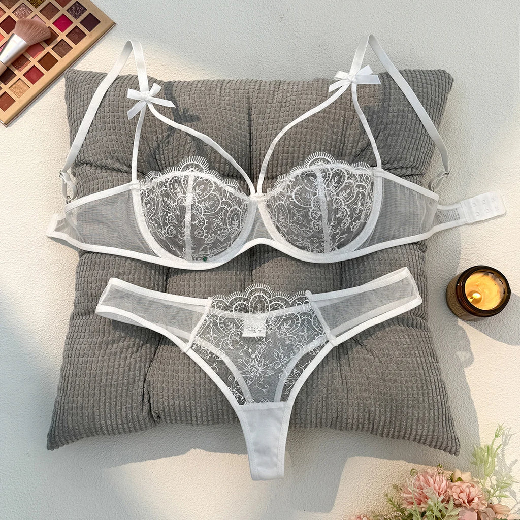 White Embroidered Bra & Thong Set