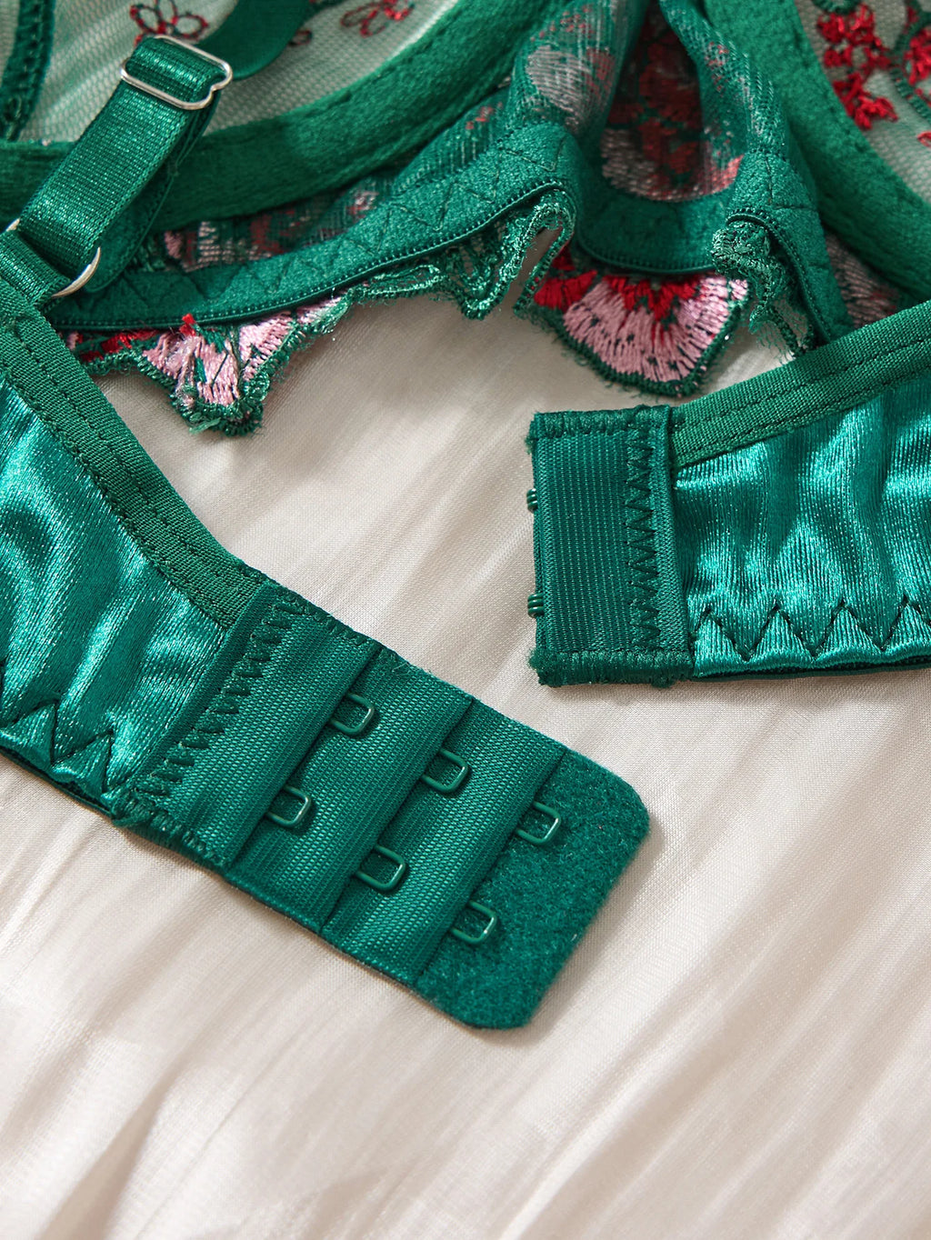 Green Floral Embroidered Satin Bra & Thong Set
