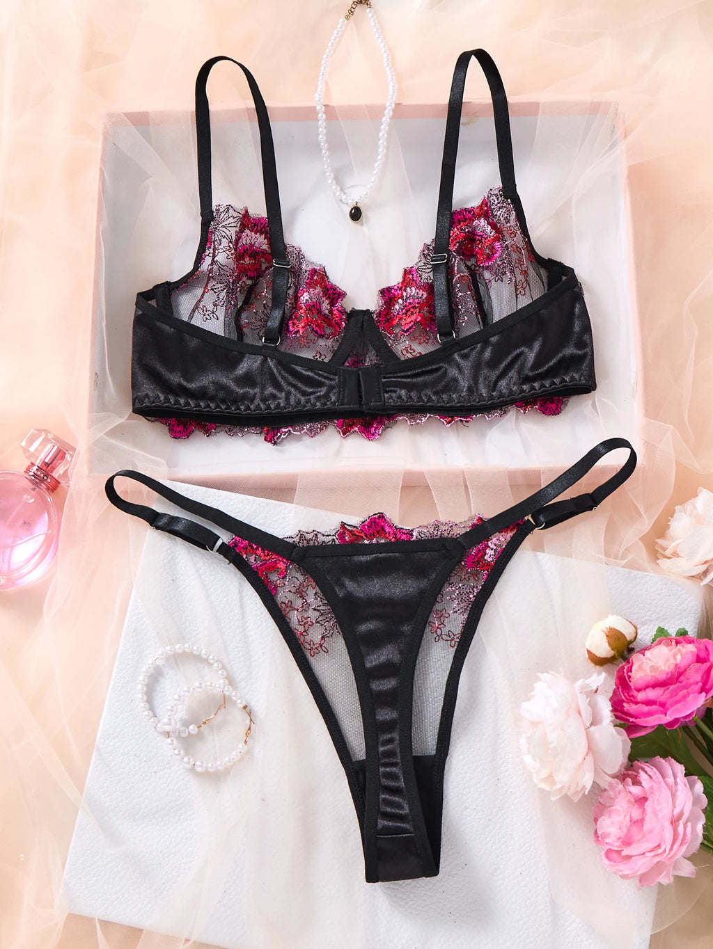 Hot Pink Floral Embroidered Bra & Thong Set