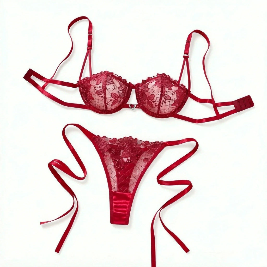 Red Floral Lace Bra & Tie-Side Thong Set