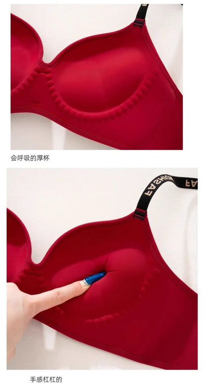 New Red Smooth Push Up Bra for Small Chest, Thickened Seamless Lift, Wireless T-Shirt Bra for A/B Cup