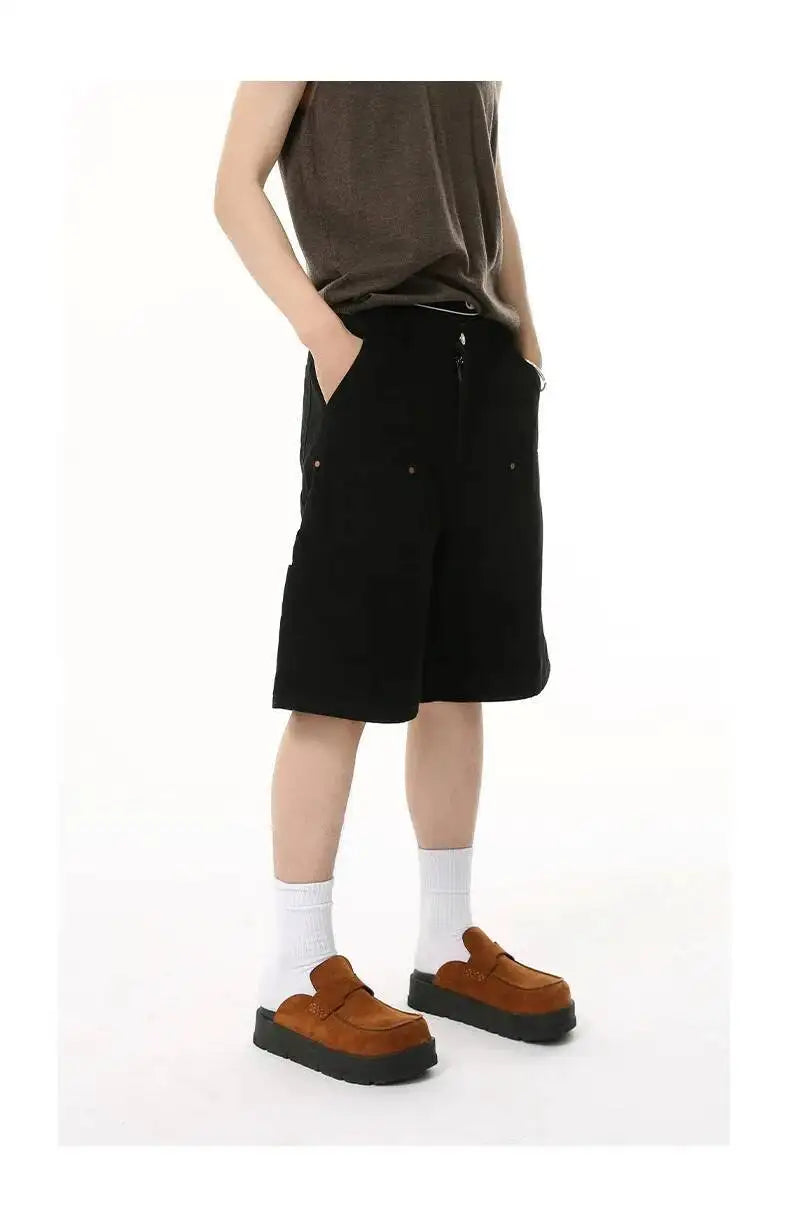 IEFB Men's Wear Knee Length Denim Shorts Summer New Multi Pocket Loose Jeans Solid Color Japanese Style Male Overalls 9C6027