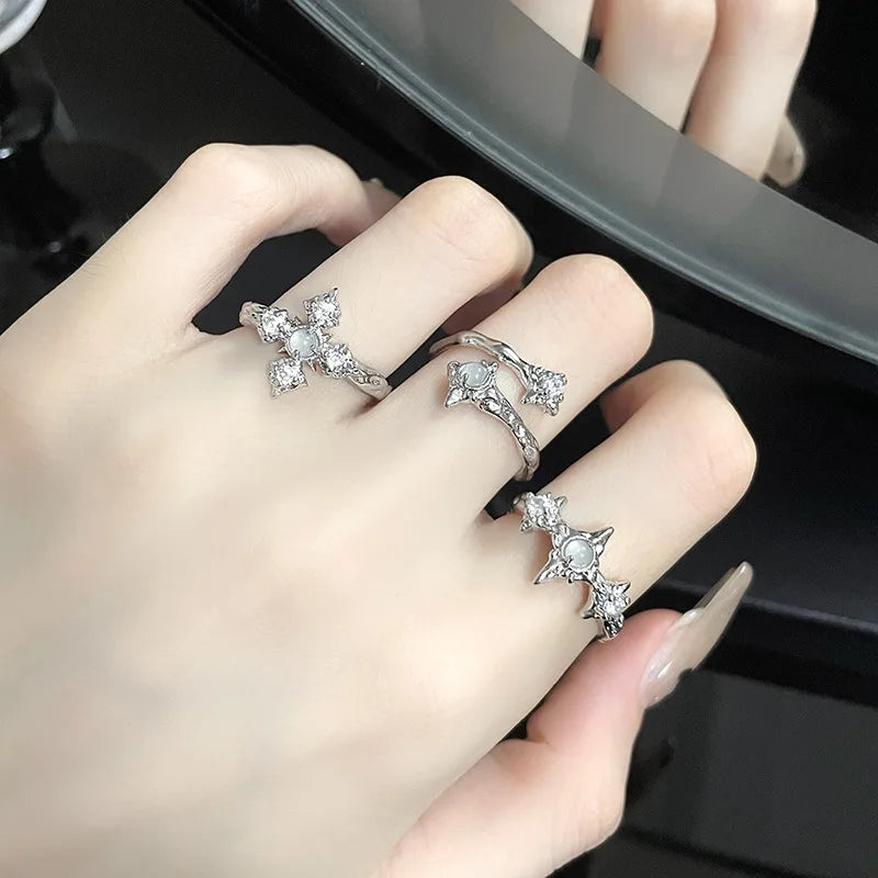 Irregular Cross Star Opal Rings Y2K Natural Stone Star Ring for Women Men Couple Rings Moonstone Zircon Ring Unisex Jewelry 2024