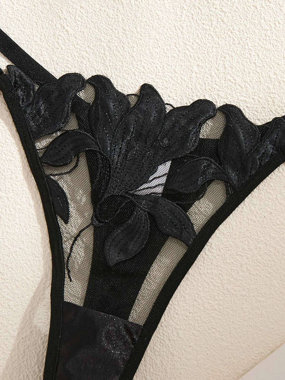 Black Floral Embroidered Satin Bra & Thong Set