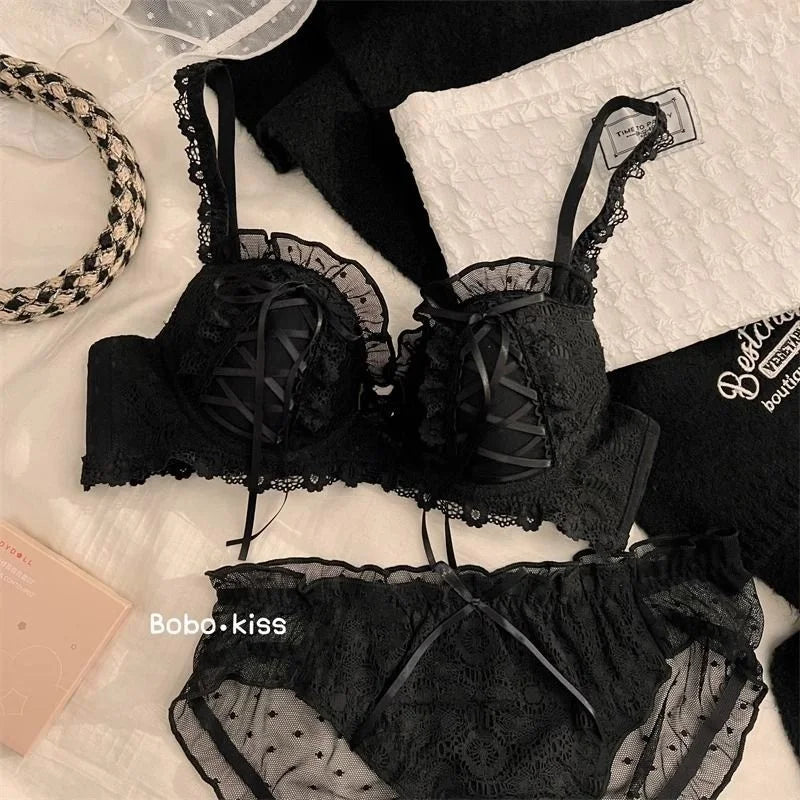 Princess Lolita Bra Set, Pure Lust Lace, Sexy Gathering, Anti-Sagging, Sweet Court Style, Comfortable Underwired Girl Bra Set