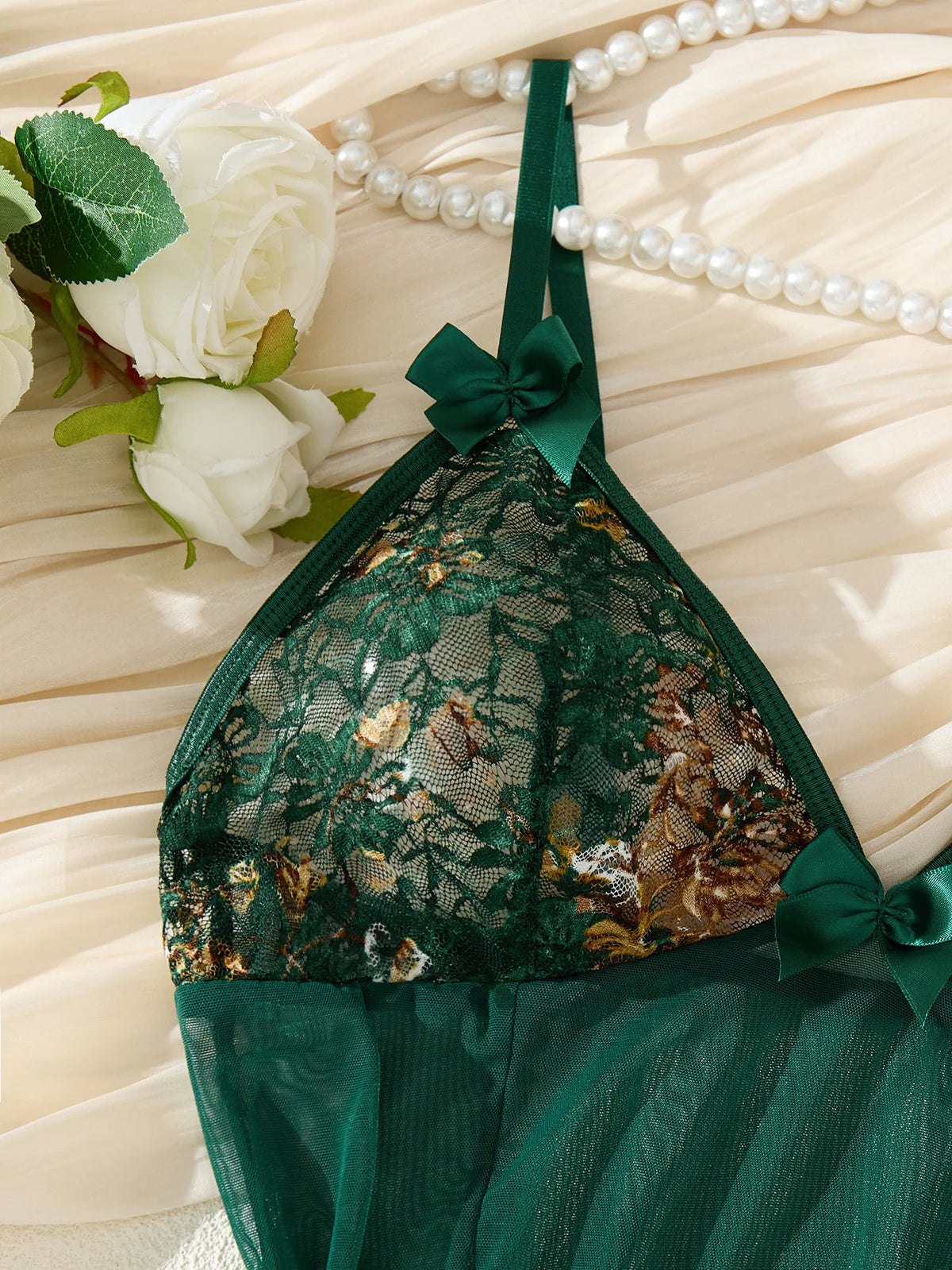 Green Floral Mesh Nightgown