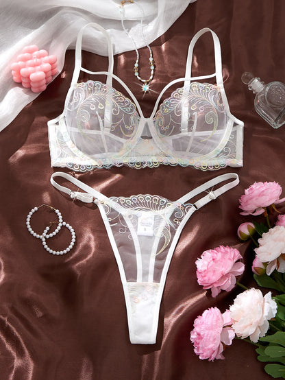 Women's White Peacock Embroidered Bra & Panty Set