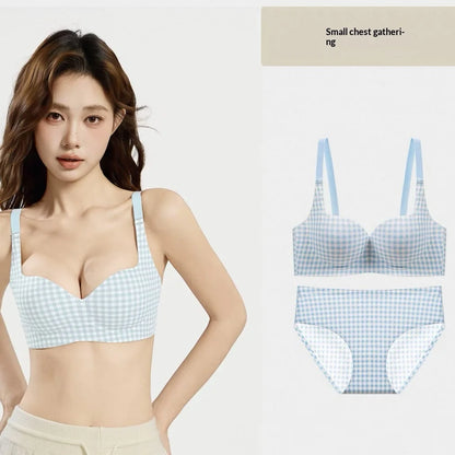 Seamless One-Piece Plaid Bra Set, Gathers Small Breasts, Makes Them Look Bigger, Lifts, Comfortable Wireless Underwear Set
