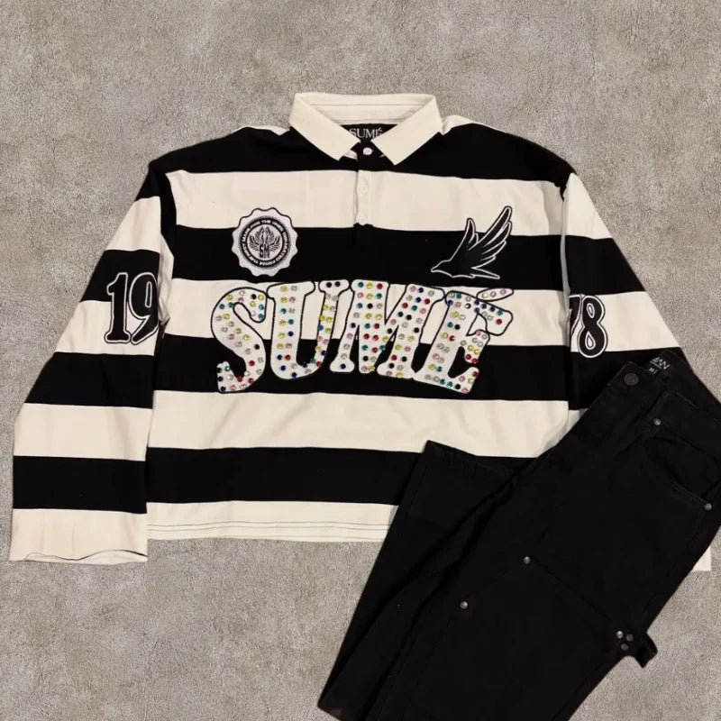 Y2K Retro Long Sleeve Polo Stripe Sume Embroidery Pattern Shirt Men Trend Sport Hip Hop Casual Streetwear Unisex Boxy Clothing