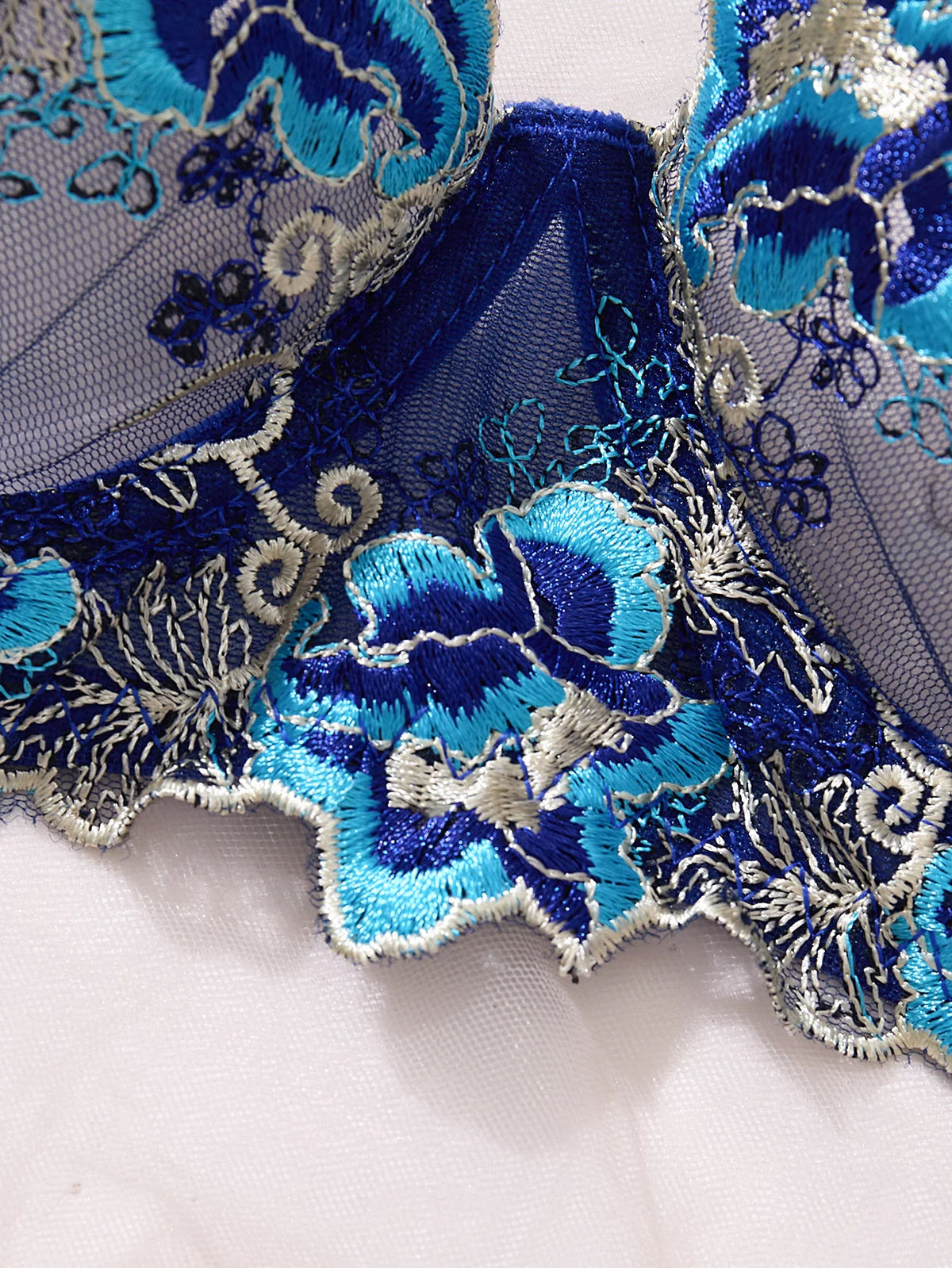 Blue Floral Embroidered Bra & Panty Set