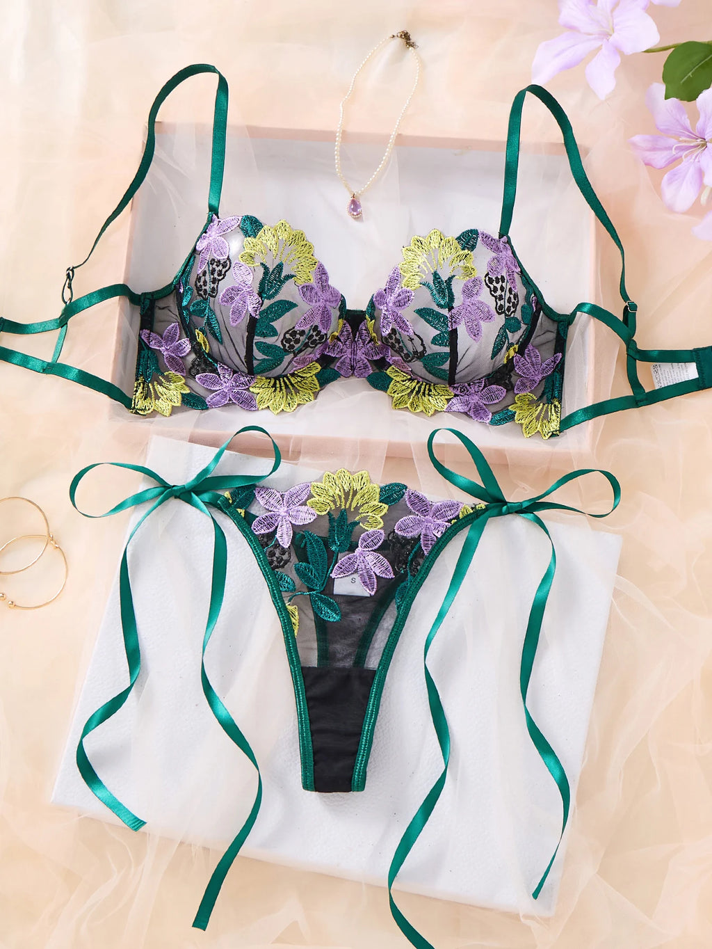 Green Multicolor Floral Embroidered Bra & Thong Set