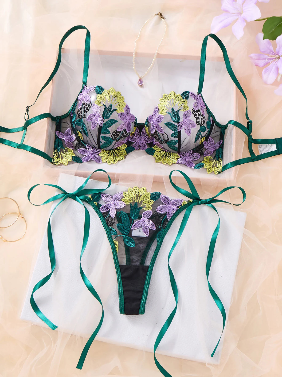 Green Multicolor Floral Embroidered Bra & Thong Set