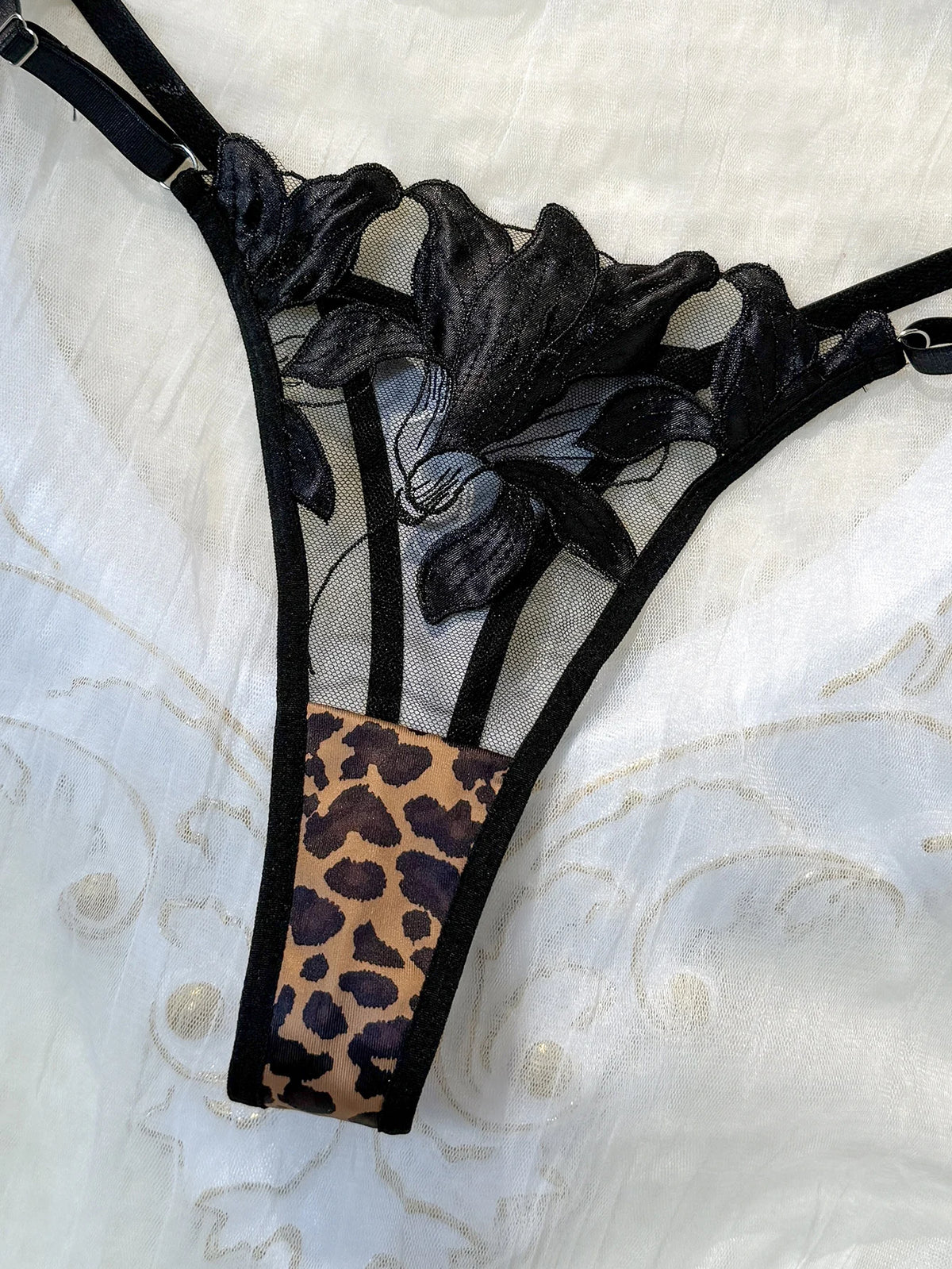 Black Leopard Floral Embroidered Bra & Thong Set