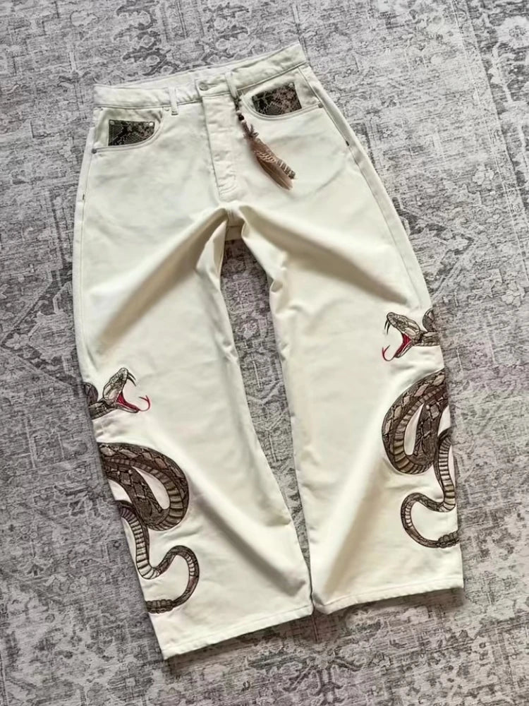 Streetwear Retro Snake Jeans Boa Embroidery Graphic Python Print Pocket Denim Pants Y2K Trend Unisex Baggy Straight Leg Pants