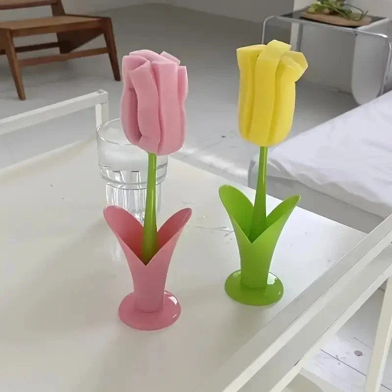 1pc Tulip Cup Brush with Detachable Sponge Head - Long Handle Bottle & Glass Cleaner, Durable Plastic, Ideal for Kitchen Use