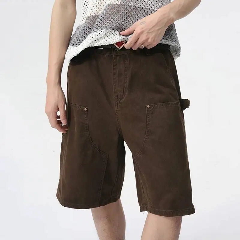 IEFB Men's Wear Knee Length Denim Shorts Summer New Multi Pocket Loose Jeans Solid Color Japanese Style Male Overalls 9C6027