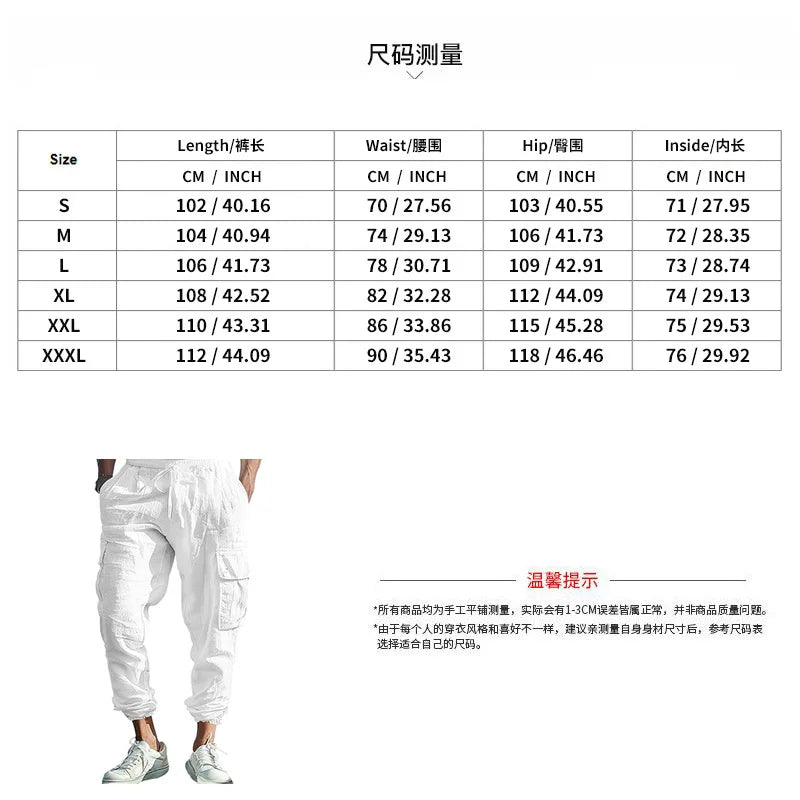 Amazon Cross-Border Cotton and Linen Tied Feet Multi-Pocket Tether Solid Color Loose Drawstring Trousers