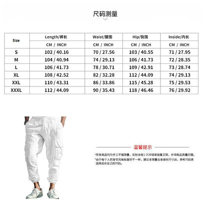 Amazon Cross-Border Cotton and Linen Tied Feet Multi-Pocket Tether Solid Color Loose Drawstring Trousers
